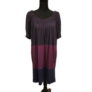 BCBGMAXAZRIA Color Block Pleat Knit Dress Acrylic, Rayon, Spandex Purple Size M